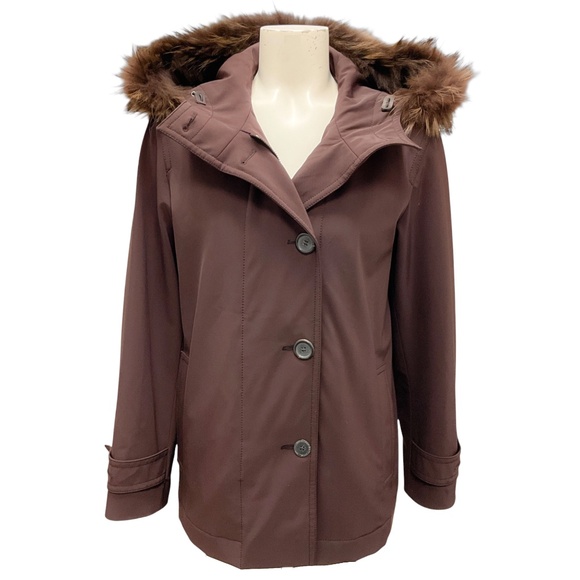 PRADA BROWN FUR TRIMMED HOODED BUTTON FRONT PADDED JACKET - Picture 1 of 6